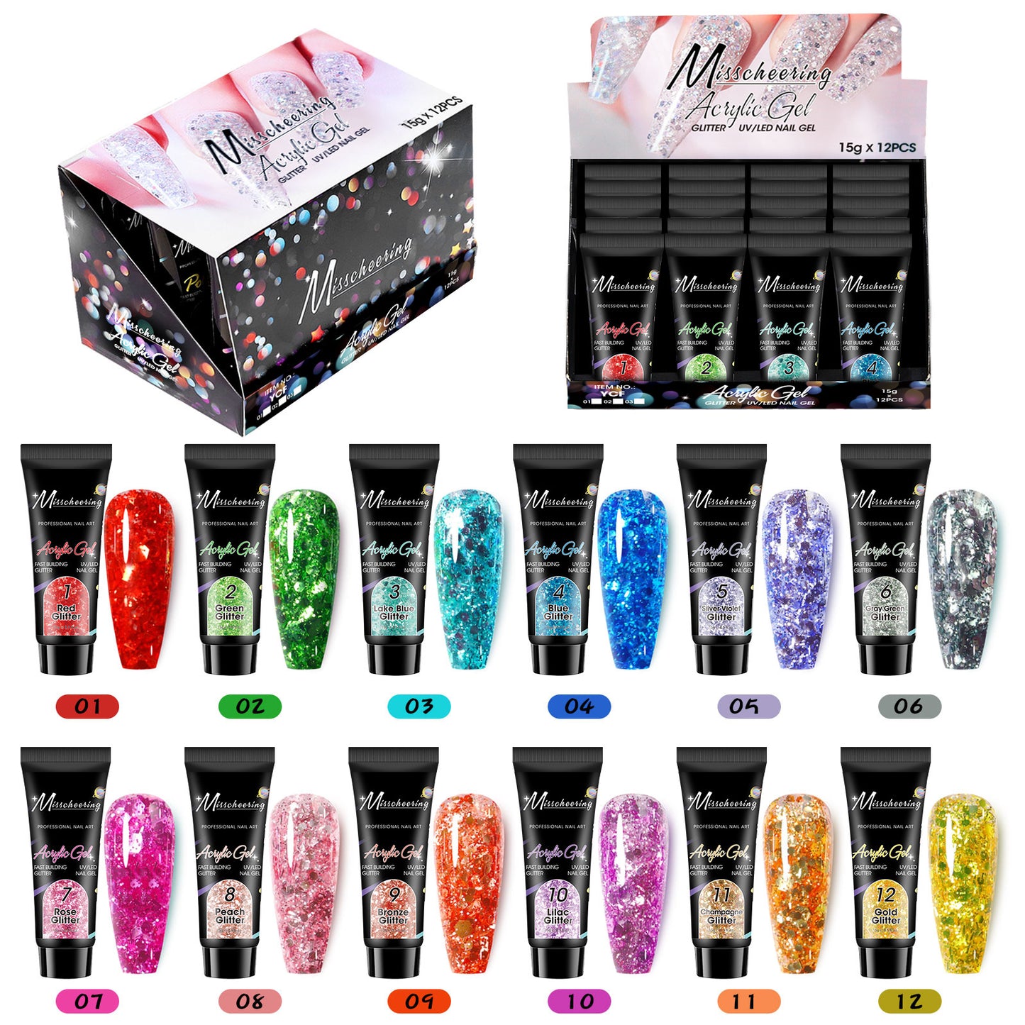 12-Color Nail Extension Gel Set with Sequins (Diamond02 Extension Glue Set)