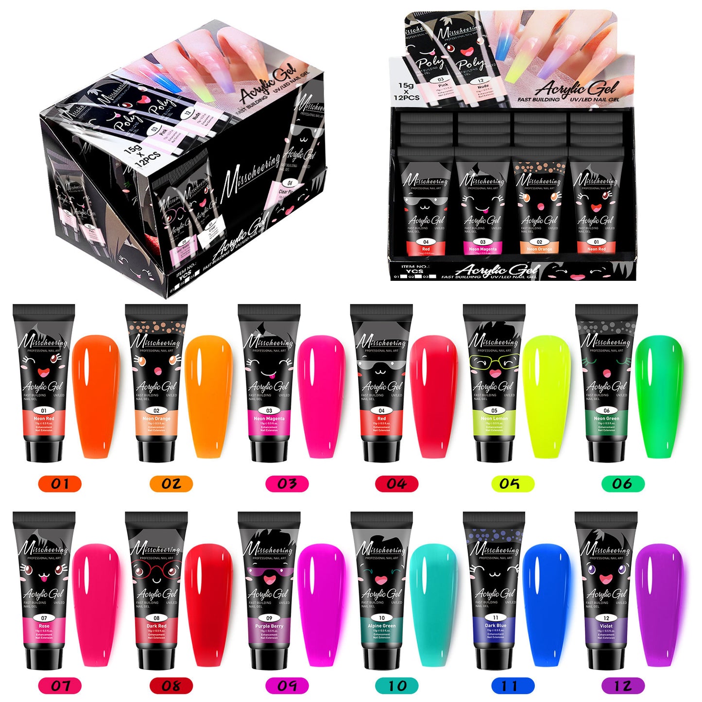 12-Color Nail Extension Gel Set with Sequins (Fluorescent Extension Glue Set)
