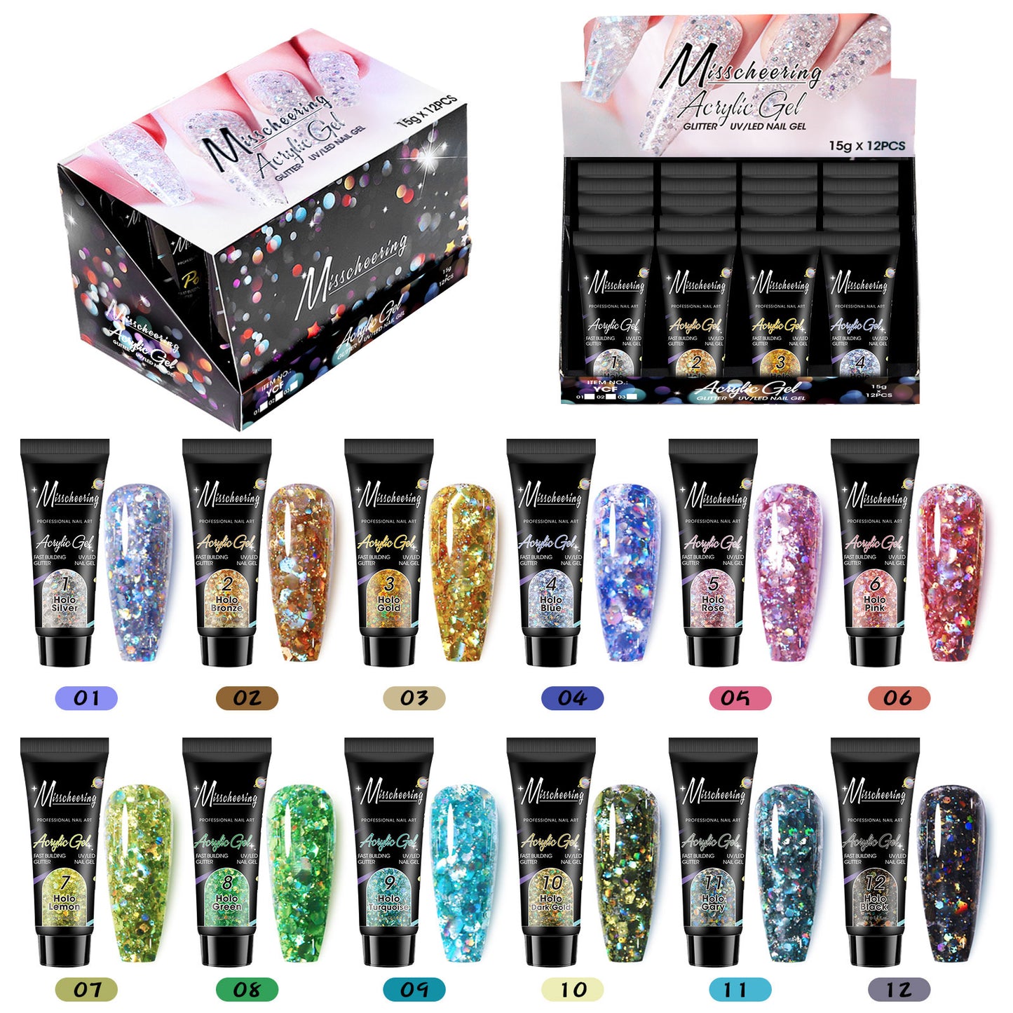 12-Color Nail Extension Gel Set with Sequins (Laser Extension Glue Set)