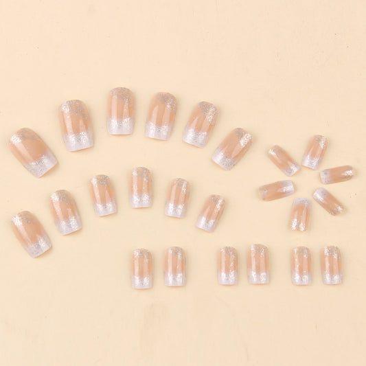 Sparkling white French tips—glittery, wearable false nails. (LC181)