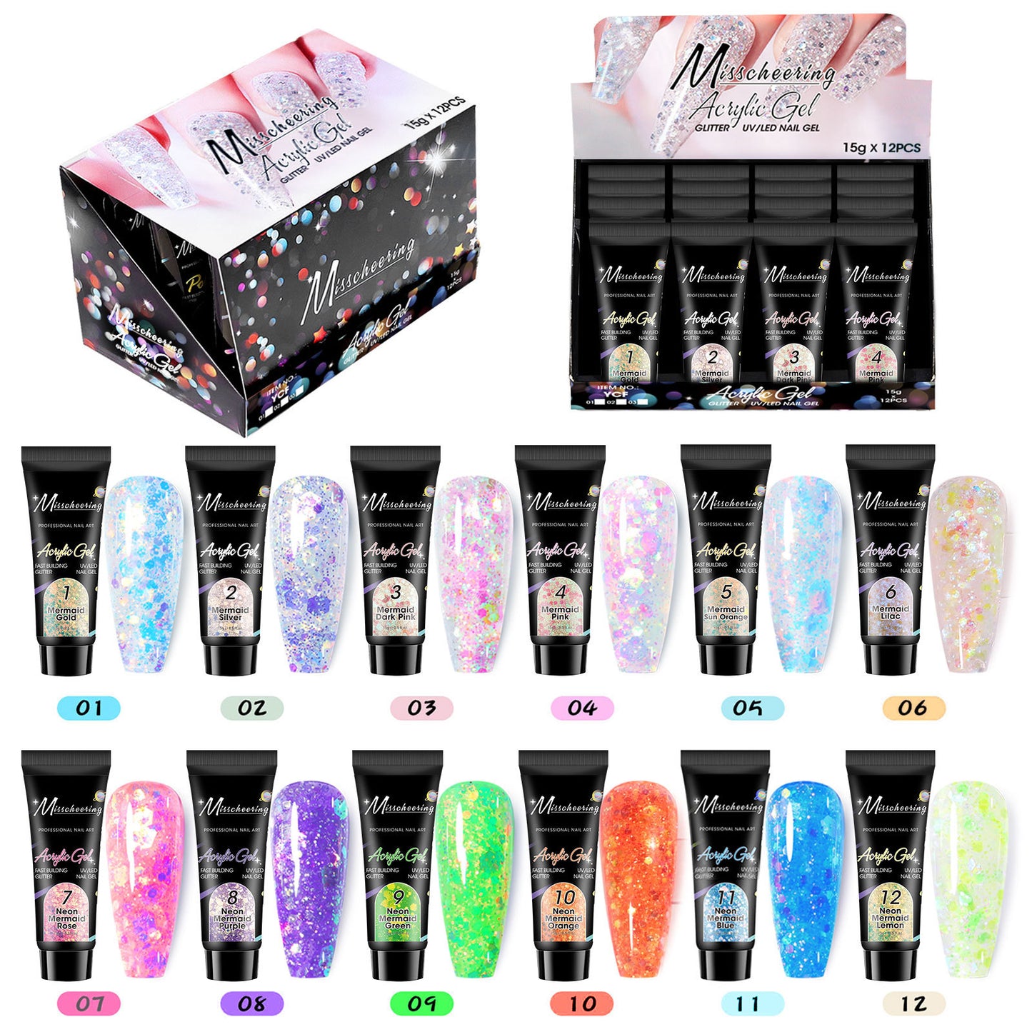 12-Color Nail Extension Gel Set with Sequins (Water Linglong Extension Glue Set)