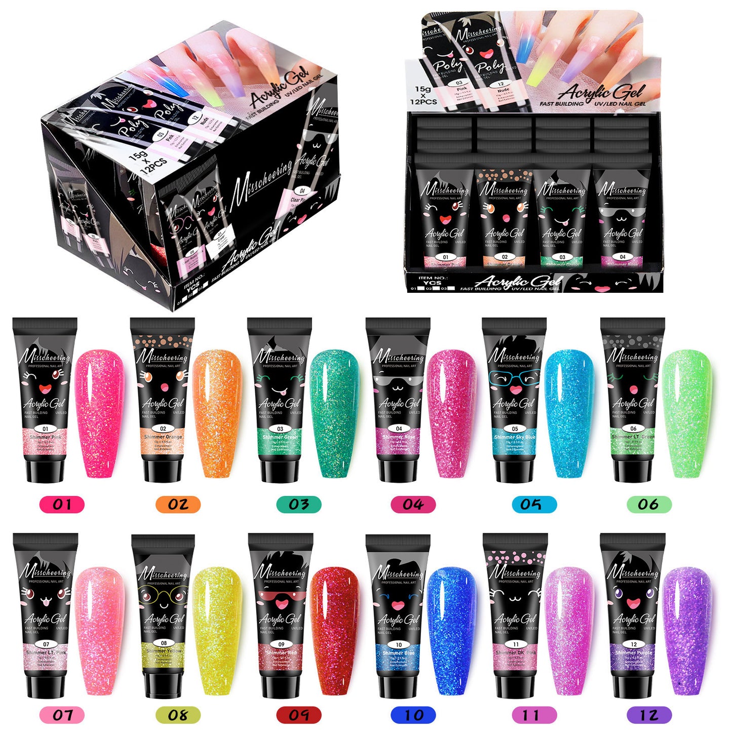 12-Color Nail Extension Gel Set with Sequins (Glitter Extension Glue Set)