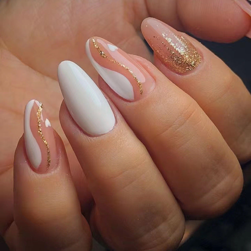 Sparkling white French tips—glittery, wearable false nails. (LC44)