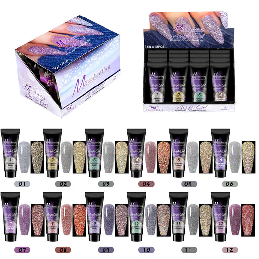 12-Color Nail Extension Gel Set with Sequins (Diamond01 Extension Glue Set)