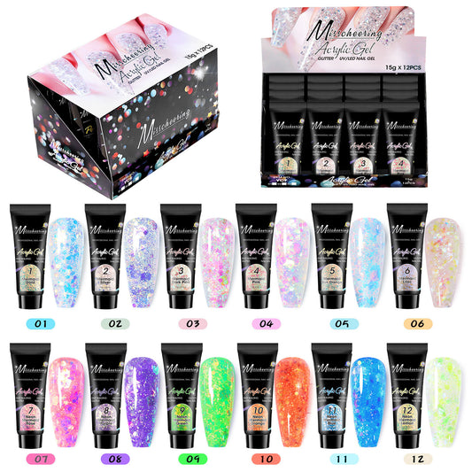 12-Color Nail Extension Gel Set with Sequins (Water Linglong Extension Glue Set)